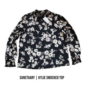 Sanctuary - NWT - Navy Long Sleeve Flowery Romance Smocked Top - Size Large